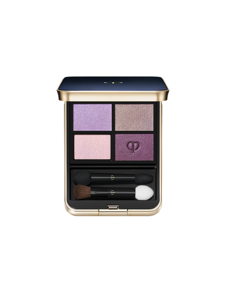 Photo of "EYE COLOR QUAD (REFILL)" set in a square case with a blue-black top and gold brand logo. Includes tip and brush. Shade: 13-Sunwarmed Stones.