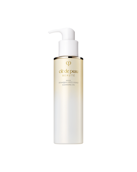 Photo of &ldquo;CLEANSING OIL&rdquo; in a bottle with a gradient from gold to white. Features a white pump and the gold brand logo on the front. Size: 200mL.