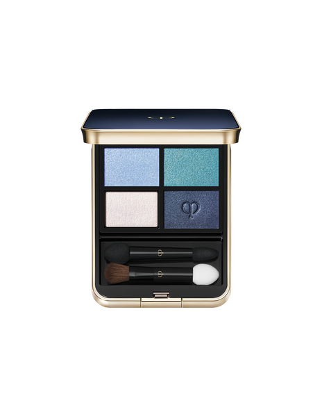 Photo of "EYE COLOR QUAD (REFILL)" set in a square case with a blue-black top and gold brand logo. Includes tip and brush. Shade: 11-Azure Blue Sea.