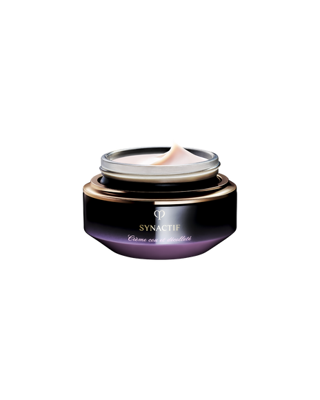 Photo of SYNCACTIF NECK & D&Eacute;COLLET&Eacute; CREAM in a jar featuring black and gold with a purple gradient, filled with a soft and smooth cream.