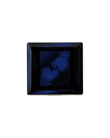 Photo of an exclusive case for "POWDER BLUSH DUO" with the lid closed. The lid has a glossy blue-black finish with a three-dimensional design.