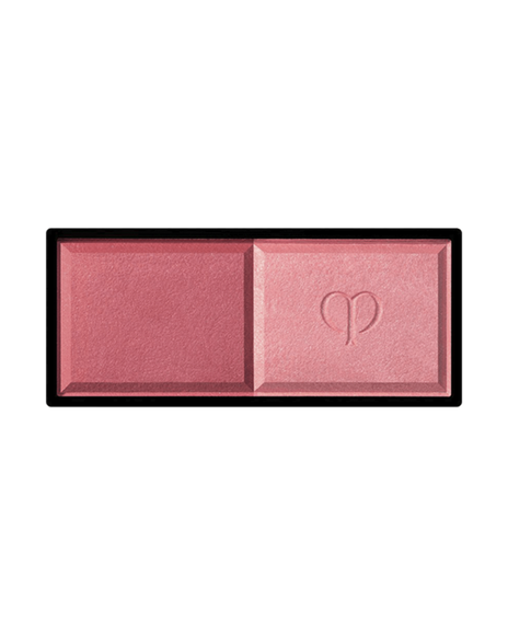 Photo of the rectangular "POWDER BLUSH DUO (Refill)" featuring two powders side by side. The left side has a matte texture, and the right side is a delicate pearly powder embossed with a logo in the center. Shade: 102
