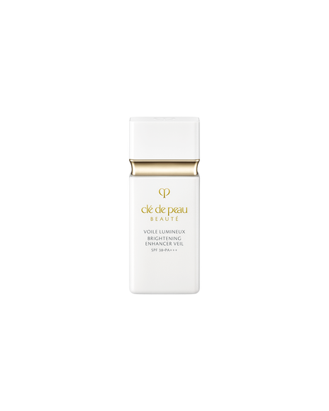 Photo of "BRIGHTENING ENHANCER VEIL" in a sleek, minimalist white bottle featuring a gold accent and brand logo at the center.
