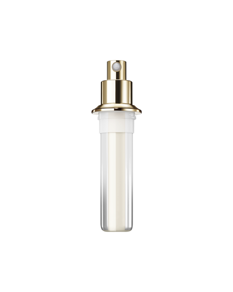 Photo of a refill bottle of BRIGHTENING SERUM SUPREME, featuring a simple pump design with a gold accent and a clear cap. SIZE: 40mL (refill) 