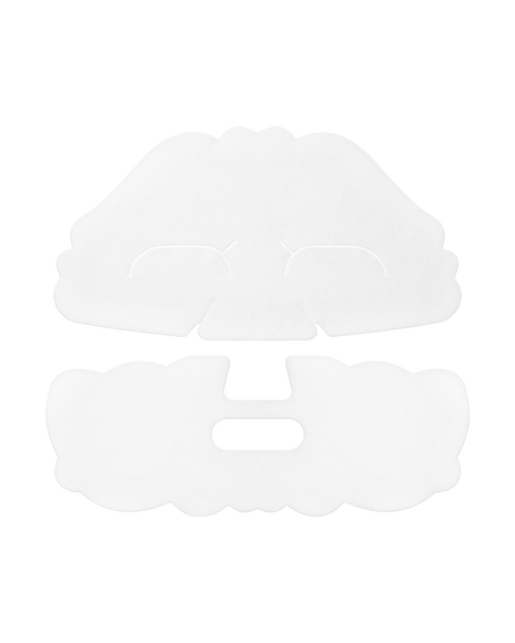 A photo of the two-piece sheet mask of BRIGHTENING MASK TREATMENT SUPREME, shown flat in white with separate upper and lower face sections and eye, nose, and mouth cutouts.