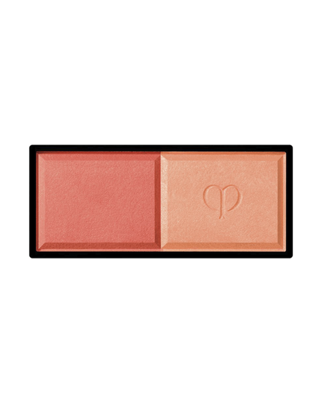 Photo of the rectangular "POWDER BLUSH DUO (Refill)" featuring two powders side by side. The left side has a matte texture, and the right side is a delicate pearly powder embossed with a logo in the center. Shade: 104.