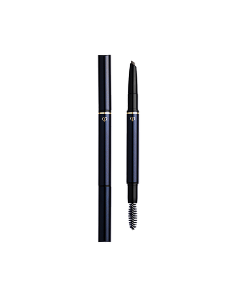 Photo of an "EYEBROW PENCIL" with the cartridge installed. The blue-black body is engraved with the gold brand logo, and features a pencil on one end and a spoolie brush on the other. Shade: 204-Gray.