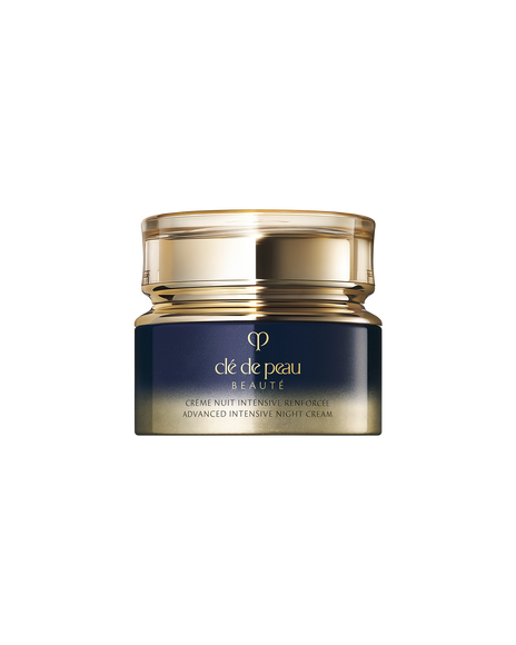 Photo of a ADVANCED INTENSIVE NIGHT CREAM jar with a rounded,translucent gold lid and a gradient design from dark blue to gold.SIZE:50mL
