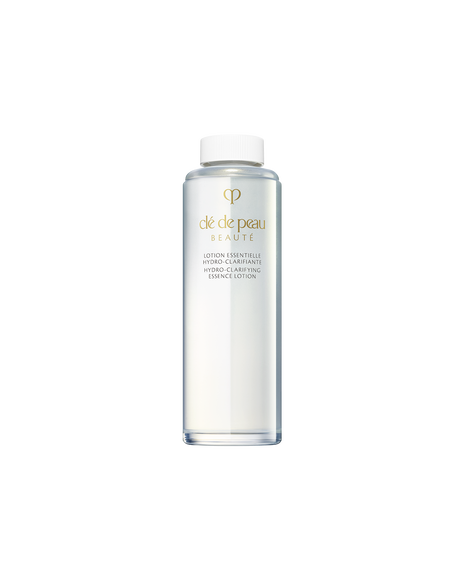 Photo of refill bottle of HYDRO-CLARIFYING ESSENCE LOTION in a clear glass bottle with a simple white cap indicating it is a refill. SIZE: 170mL Refill.
