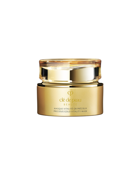 Photo of "PRECIOUS GOLD VITALITY MASK", a luxurious gold jar paired with a translucent gold lid. SIZE：75ml