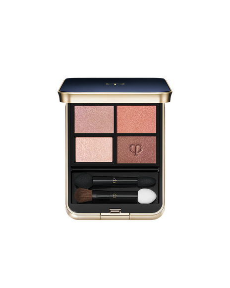 Photo of "EYE COLOR QUAD (REFILL)" set in a square case with a blue-black top and gold brand logo. Includes tip and brush. Shade: 8-Warm Ocean Sunset.