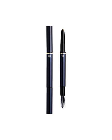 Photo of an "EYEBROW PENCIL" with the cartridge installed. The blue-black body is engraved with the gold brand logo, and features a pencil on one end and a spoolie brush on the other. Shade: 202-Gray Brown.