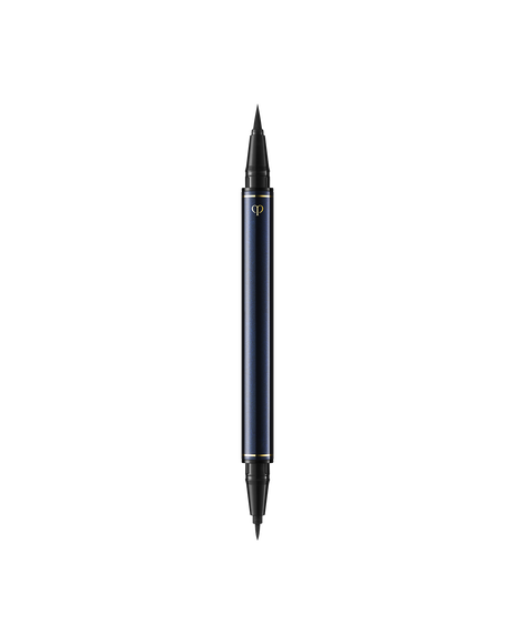 Photo of "INTENSIFYING LIQUID EYELINER". The slim blue-black body is engraved with the gold brand logo, and is designed with a brush at one end and a finer tip at the other. Shade: 1-Black.