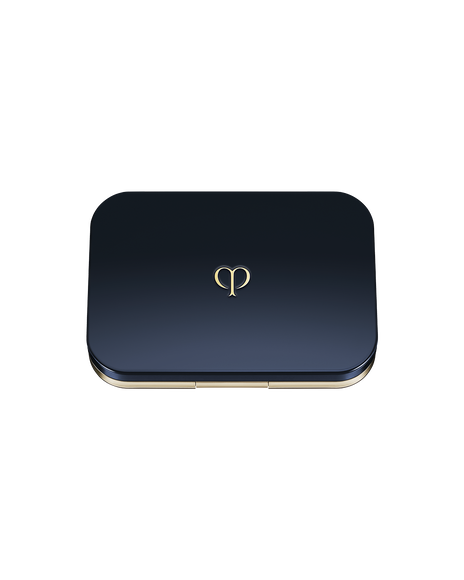 Photo of the exterior of a sleek navy compact case with the brand logo in the center.