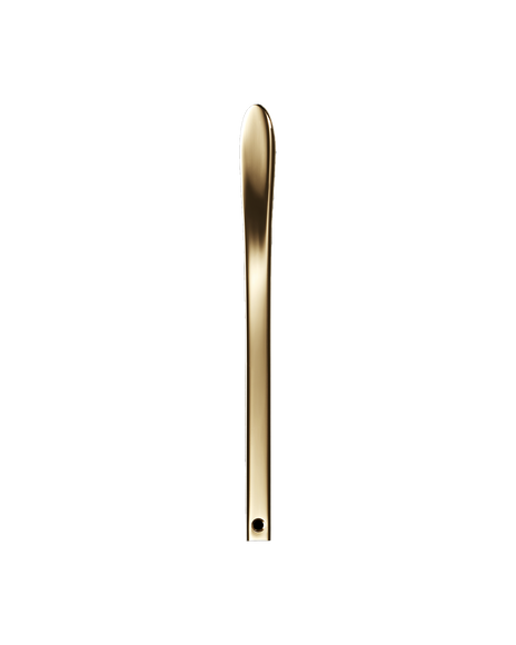 Photo of a sleek, gold spatula tool with a slightly tapered, rounded tip.