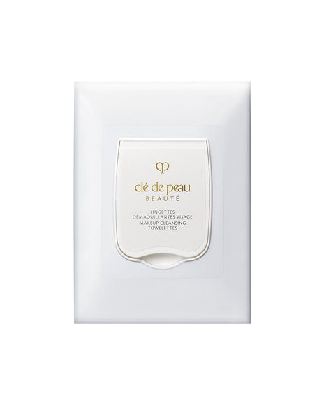 Photo of a white rectangular package of "MAKEUP CLEANSING TOWELETTES" with a curved lid at the center featuring the brand logo and product name in gold.