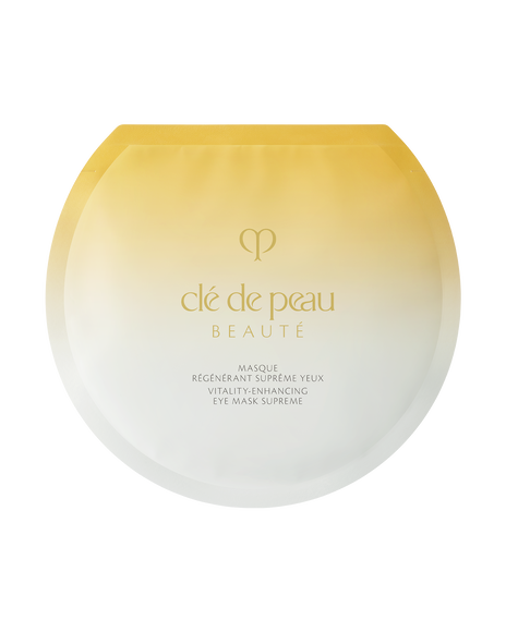 Photo of the pouch of VITALITY-ENHANCING EYE MASK SUPREME, a dome-shaped single-use foil sachet with a gold-to-white gradient.