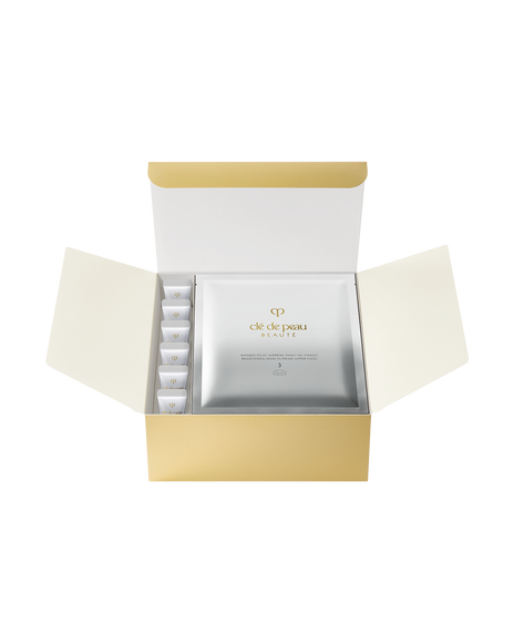 Photo of "BRIGHTENING MASK TREATMENT SUPREME," a set that includes sheet masks and pre-mask gel cleansers. The gold box contains six two-piece masks and six tubes of cleanser.
