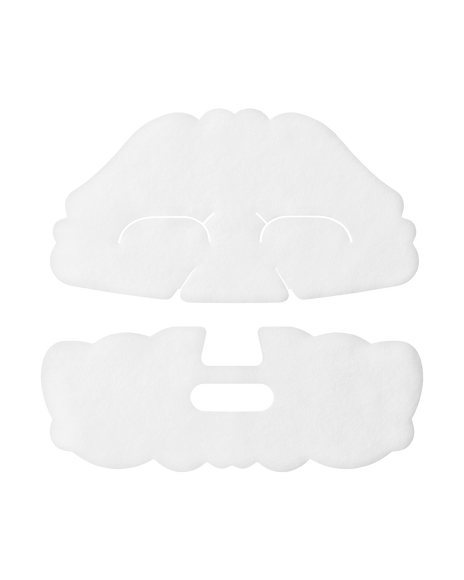 Photo of "BRIGHTENING MASK TREATMENT SUPREME," a two-piece white sheet mask designed to gently wrap and care for the skin.