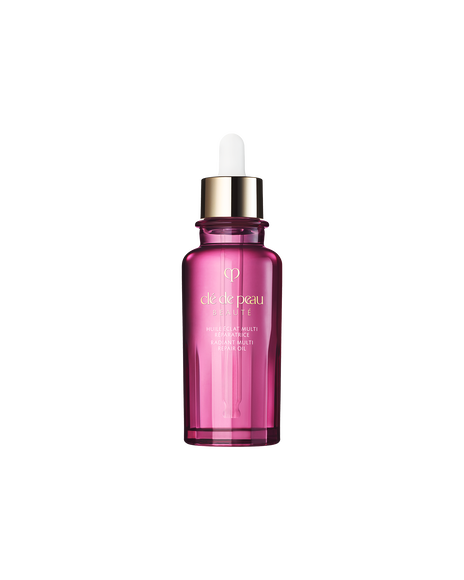 Photo of "RADIANT MULTI REPAIR OIL" in a metallic pink bottle with a white cap and the gold brand logo. Comes with a dropper. Size: 75mL