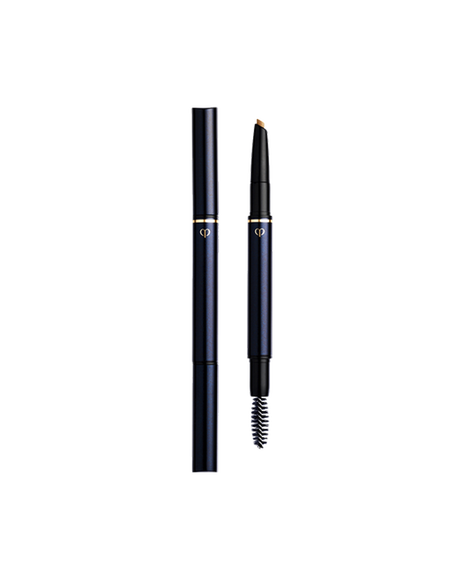 Photo of an "EYEBROW PENCIL" with the cartridge installed. The blue-black body is engraved with the gold brand logo, and features a pencil on one end and a spoolie brush on the other. Shade: 203-Light Brown.