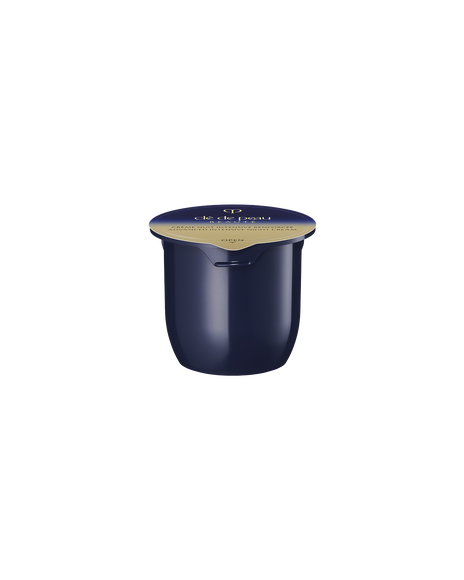 Photo of a ADVANCED INTENSIVE NIGHT CREAM jar with a rounded,translucent gold lid and a gradient design from dark blue to gold.SIZE:50mL REFILL