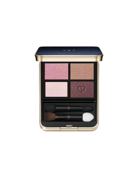 Photo of "EYE COLOR QUAD (REFILL)" set in a square case with a blue-black top and gold brand logo. Includes tip and brush. Shade: 9-Pink Coral Shells.