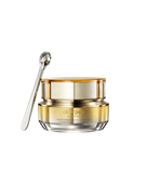 Photo of a jar of "EYE CONTOUR CREAM SUPREME" with a gold-to-silver gradient and a faceted silver spatula. SIZE: 15g