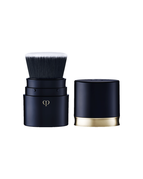 Photo of &ldquo;PORTABLE BRUSH" with a blue-black body and gold brand logo engraved on it. The cap is removed.