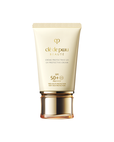 Photo of &ldquo;UV PROTECTIVE CREAM&rdquo; in a tube with a gold cap. Features high UV protection with SPF 50+ and PA++++. The brand logo is printed on the front. SIZE: 50g.
