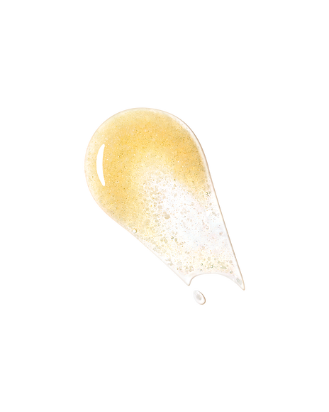 Photo of the texture, showing a thick, clear serum with fine, shimmering gold pearls suspended throughout.