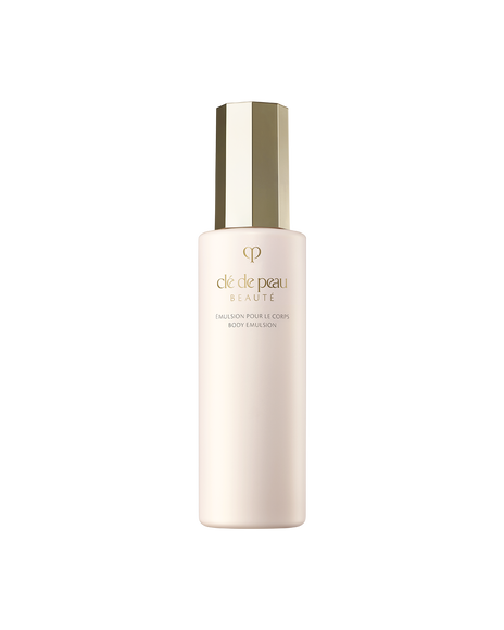 Photo of a pale pink bottle of "BODY EMULSION", featuring a distinctive faceted gold cap. SIZE: 200ml