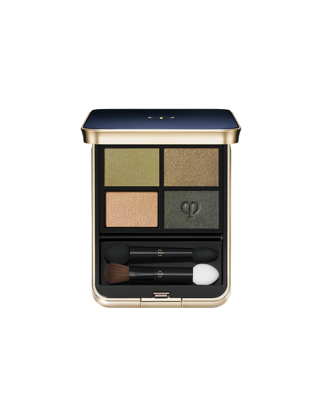 Photo of "EYE COLOR QUAD (REFILL)" set in a square case with a blue-black top and gold brand logo. Includes tip and brush. Shade: 10-Sea Grass.