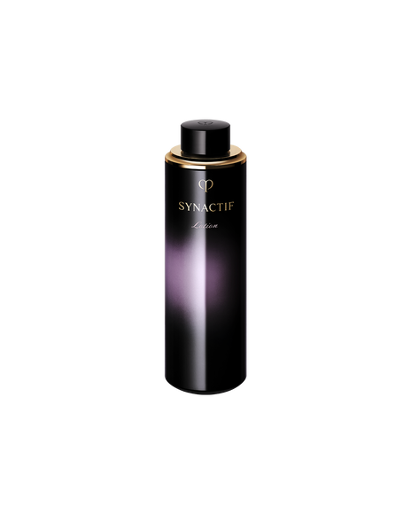Photo of the sophisticated Cl&eacute; de Peau Beaut&eacute; SYNACTIF LOTION Refill. The product is presented in a sleek, deep purple bottle that features a luminous gradient down the center, highlighted by a chic gold accent below the cap. SIZE : 125ML Refill