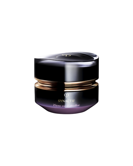 Photo of the Cl&eacute; de Peau Beaut&eacute; Synactif NECK & D&Eacute;COLLET&Eacute; CREAM. The cream is presented in a jar with a black-to-purple gradient. The lid features a sculptural gold design, and the 'SYNACTIF' logo is elegantly displayed on the front. SIZE : 75g