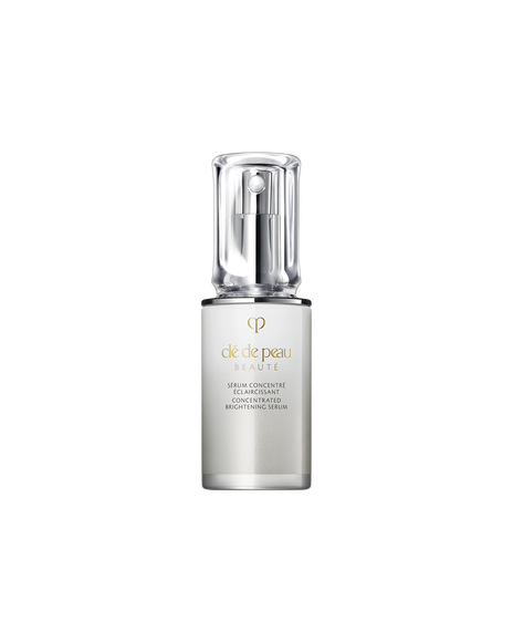 Photo of "CONCENTRATED BRIGHTENING SERUM," a serum in a silver-gradient pump bottle with a clear cap. SIZE: 40mL
