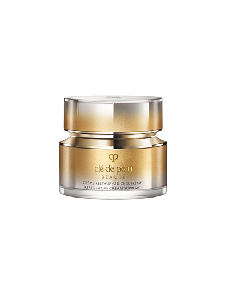 Photo of of a jar of  RESTORATIVE CREAM SUPREME featuring a metallic gold-to-silver gradient body and a multifaceted metallic gold cap. SIZE: 50mL