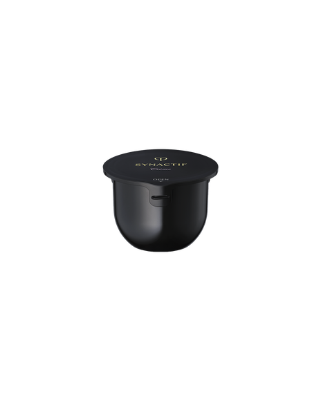 Photo of  Cl&eacute; de Peau Beaut&eacute;  SYNACTIF Cream refill shows a small, black, round jar with a matching black lid. The lid features the SYNACTIF logo in gold on the top. Size: 40g REfill.