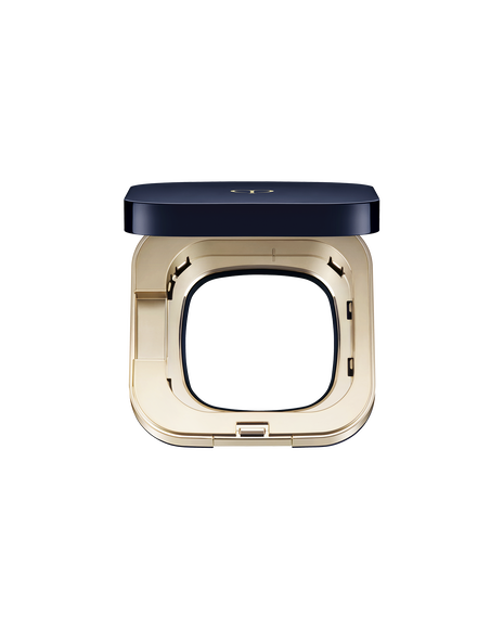 Photo of an exclusive case for "RADIANT CUSHION FOUNDATION DEWY" with the lid open, showing an interior space designed to hold a refill.