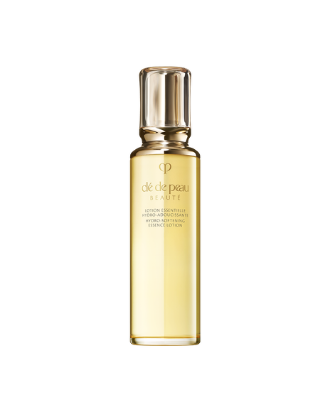 Photo of HYDRO-SOFTENING ESSENCE LOTION in a glass bottle with a rounded, translucent gold cap and the brand logo in gold.SIZE：170mL