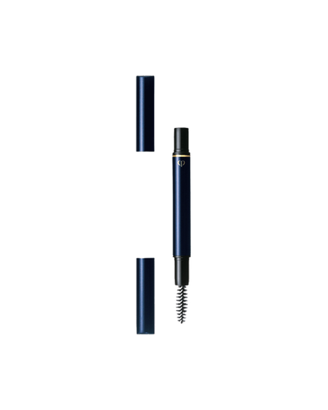 Photo of the "EYEBROW PENCIL (HOLDER)" with the caps removed and laid out. The holder features a blue-black body accented with gold trim.