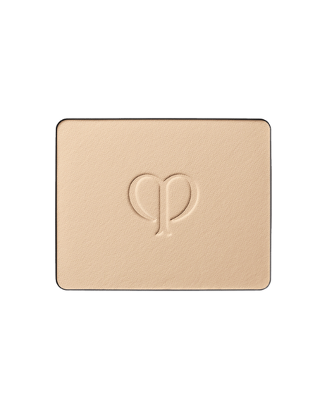 Photo of a refill of "BRIGHTENING POWDER FOUNDATION" with an embossed brand logo in the center. SHADE: O10.