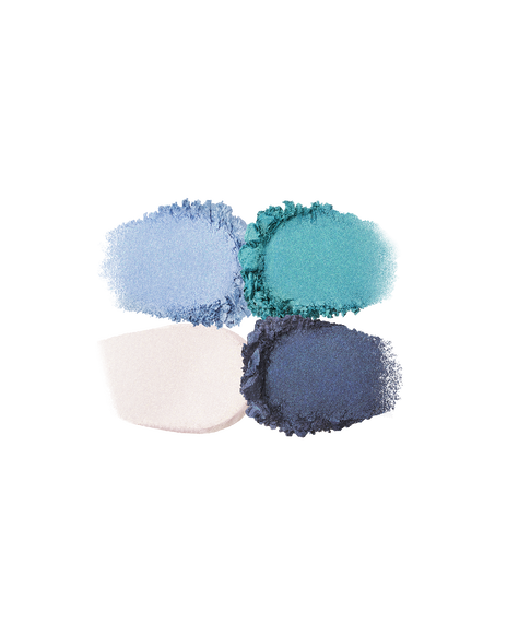 Photo of the texture of the four EYE COLOR QUAD colors, showing their color and powder quality. Shade: 11-Azure Blue Sea.