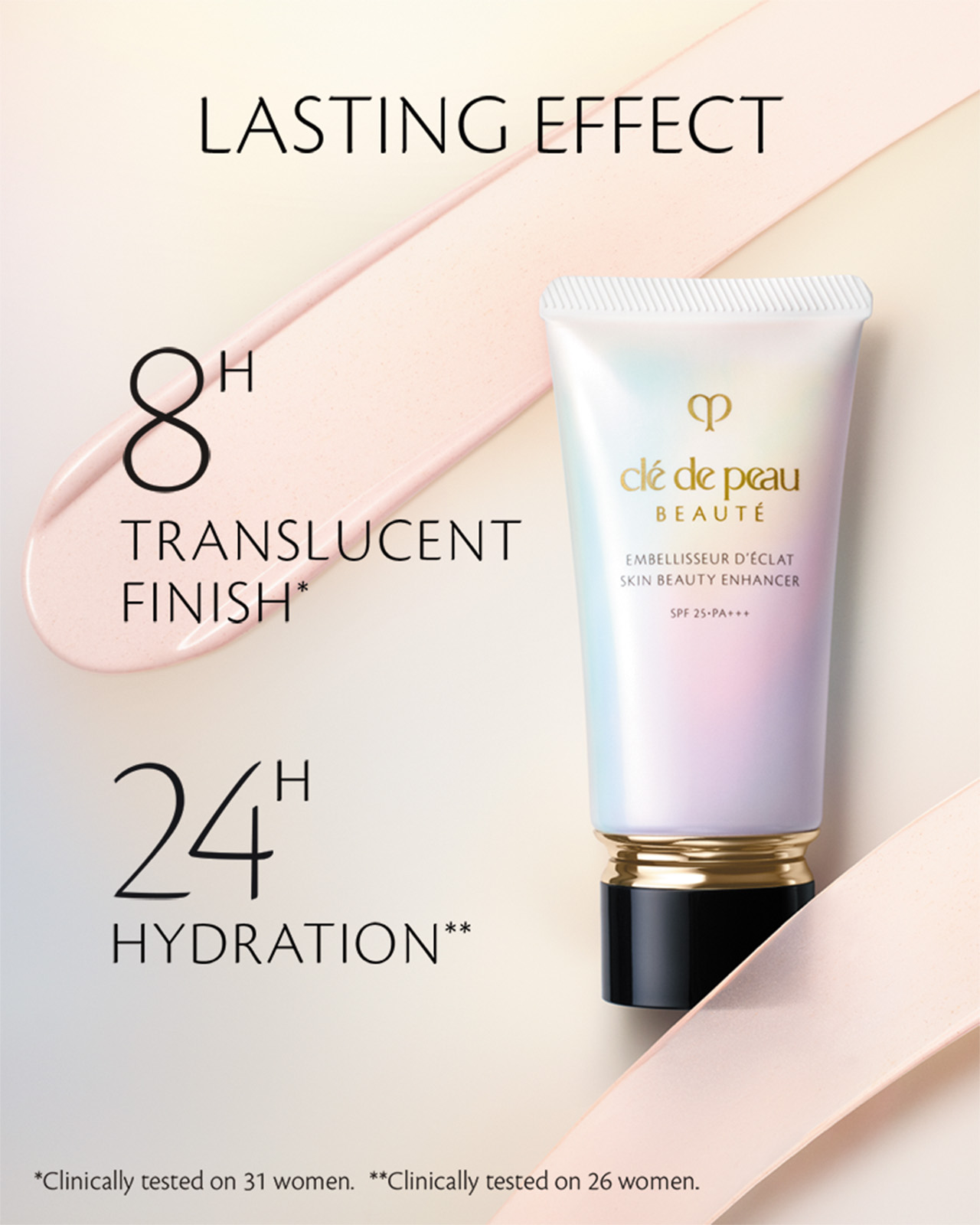 Photo of SKIN BEAUTY ENHANCER in a pearlescent gradient tube over pale pink swirls, emphasizing long-lasting effects&mdash;up to 8-hour translucent finish and 24-hour hydration&mdash;with clinical-test notes.