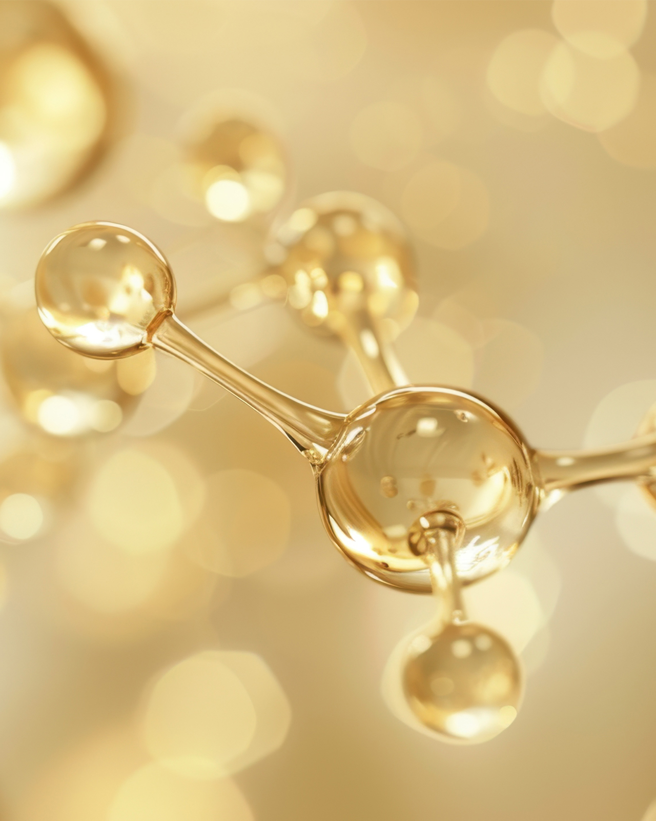 Photo of a gold molecular structure with a glossy, metallic finish against a soft-focus gold background with bokeh lights.