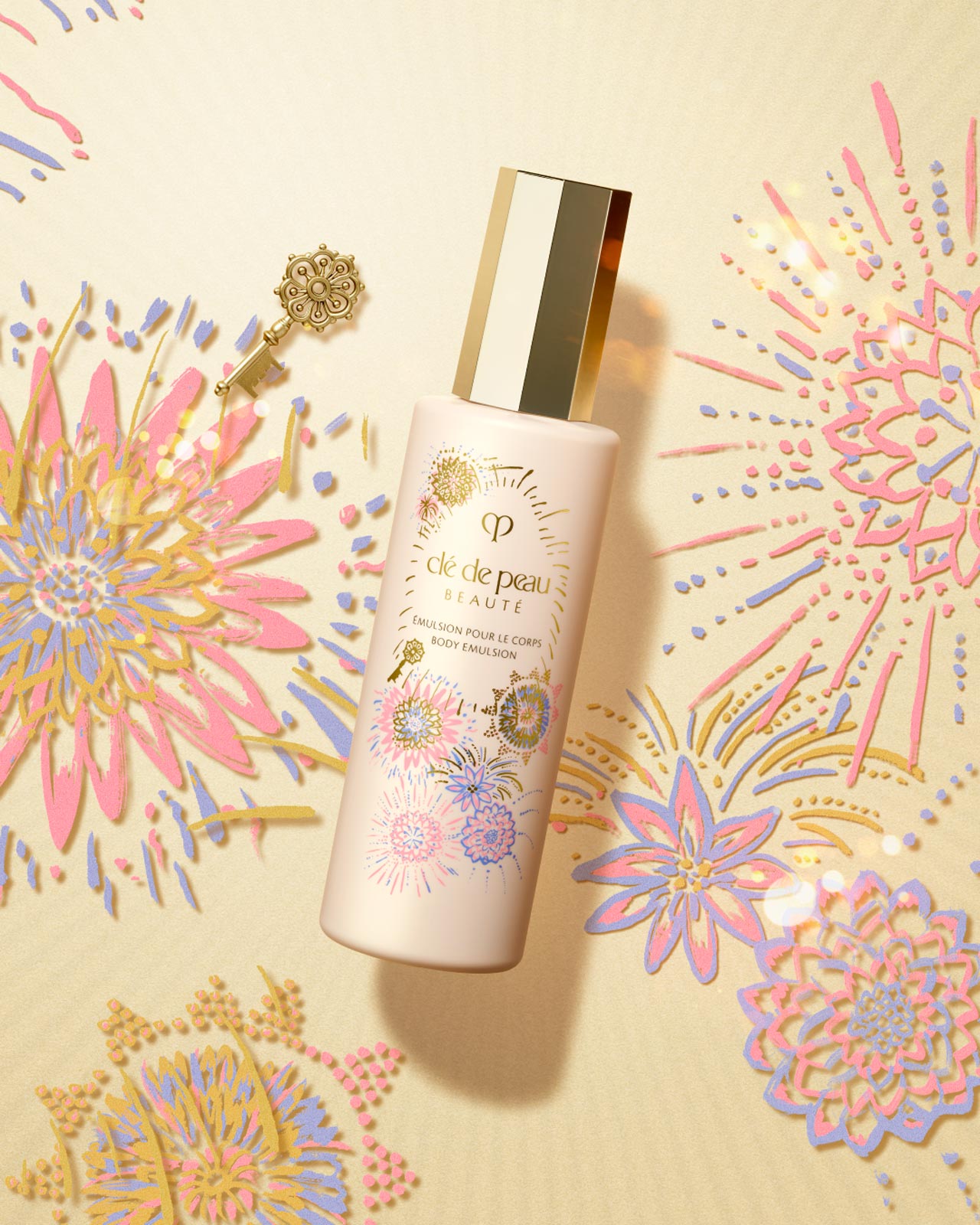 Photo of a UV PROTECTIVE CREAM with a gold cap, surrounded by pink flowers and a gold ribbon.